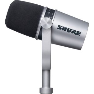 Side view of the Shure MV7-S Silver Podcasting