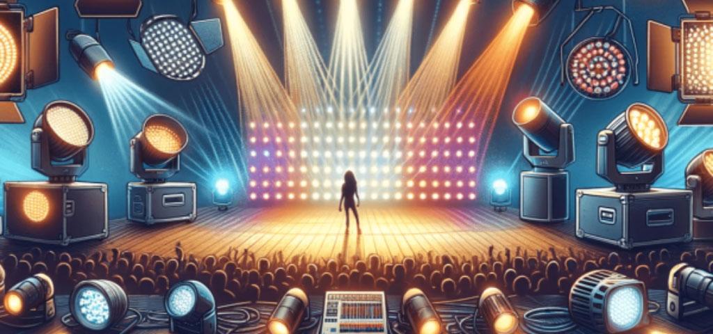An educational image showcasing various stage lights for a blog post on choosing stage lighting. The scene includes spotlights, LED par cans, and intelligent lighting, neatly arranged around a stage with a performer. This professional stage setting highlights the different types of lighting and their placements, creating a colorful and vibrant atmosphere that illustrates the impact of stage lighting on a live performance.