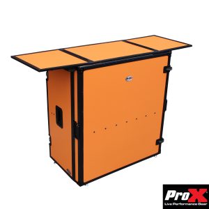 ProX Transformer Series DJ Folding Workstation Table - Fold Away W-Wheels | Black on Orange