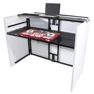ProX XF-MESAMEDIA MK2 DJ Facade Table Workstation with TV Bracket Mount,  White & Black Scrims, and Carry Bag