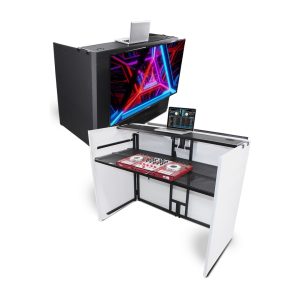 MESA MEDIA MK2 DJ Facade Table Workstation Includes TV Bracket Mount White & Black Scrims and Carry Bag