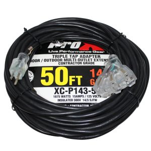 50 Ft. 120 VAC NEMA 15 Extension Power Cord 14 AWG - 3 Tap Female Outlets - Image 2
