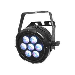 Front view of seven quad-colored RGBA LEDs
