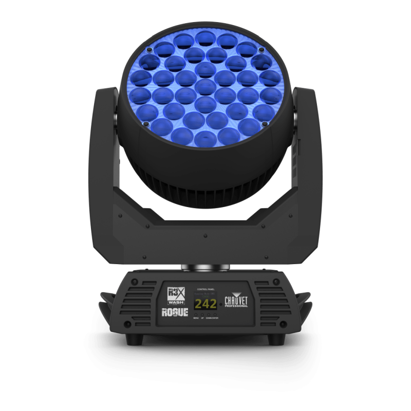 Front view of RGBW LED yoke wash fixture