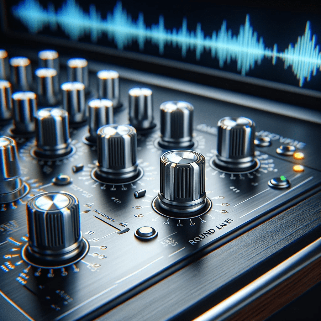 "Close-up of professional audio preamp knobs and sliders focused on gain and clarity adjustments, with the title 'Round 1: Gain and Clarity'.