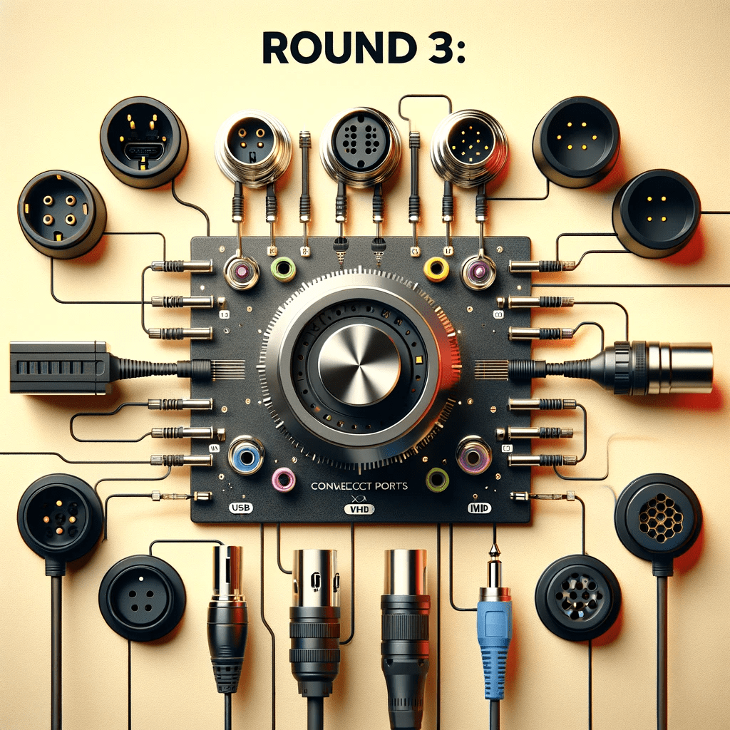 Detailed visual of various audio connection ports on an audio preamp including USB, XLR, and MIDI, with the title 'Round 3: Connectivity and Features'