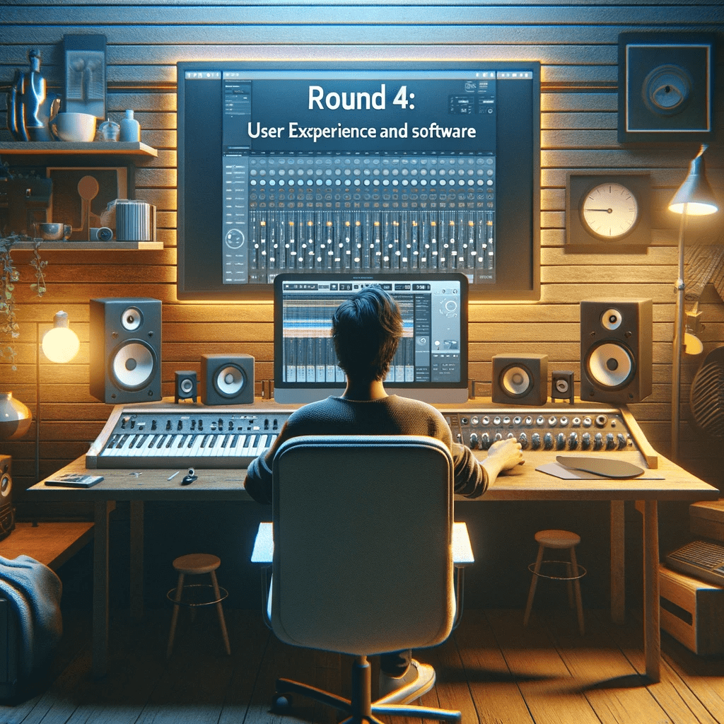 Illustrative image of a person from behind sitting at a recording studio desk, working on a digital audio workstation software with the title 'Round 4: User Experience and Software'