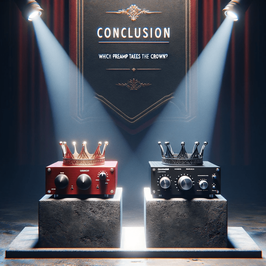 Dramatic final showdown image displaying a red Focusrite and a black Behringer audio interface each with a crown on top, spotlighted against a dark background with the title 'CONCLUSION: Which Preamp Takes the Crown?