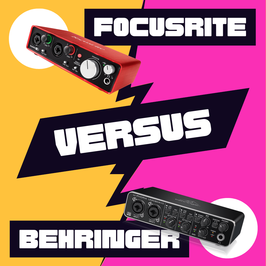 Graphic comparison between red Focusrite 2i2 and black Behringer UMC204HD audio interfaces against a vibrant yellow and pink background with a 'VERSUS' in bold.