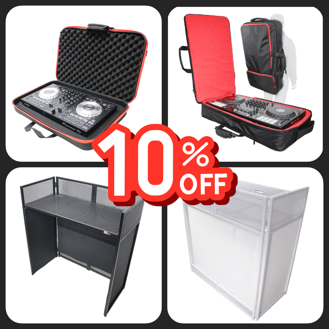 PROX DJ cases and Vista DJ Booth tables in a split-view with "10% off" infront