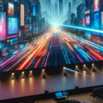 A dynamic LED video wall showcases a vivid and detailed futuristic cityscape, controlled by NovaStar technology. The display features towering skyscrapers with illuminated windows, flying vehicles in the sky, and life-like digital advertisements, all highlighted by vibrant colors and deep contrasts. Light beams and digital effects around the video wall emphasize the advanced capabilities of NovaStar's LED controllers, creating an immersive urban landscape.
