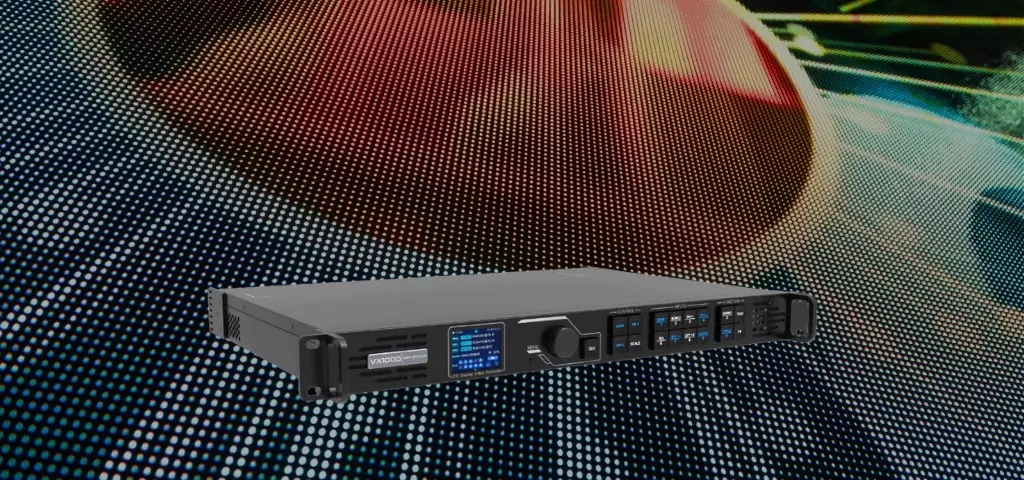 novastar vx1000 video controller and video processor over a led video wall zoomed in with pixels