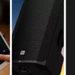 Split view of QuickSmart App on a tablet, leaning Everse 12 speaker, and built-in control and connection hub from behind.