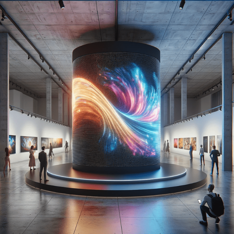 video wall shaped like a cylinder in an art gallery