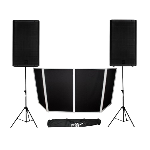 RCF DJ Speakers Bundle with Adjustable Speaker Stands and Lightweight DJ Facade