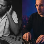 Split-screen comparison of DJs performing live, showing evolution from vintage vinyl setups to modern digital controllers.