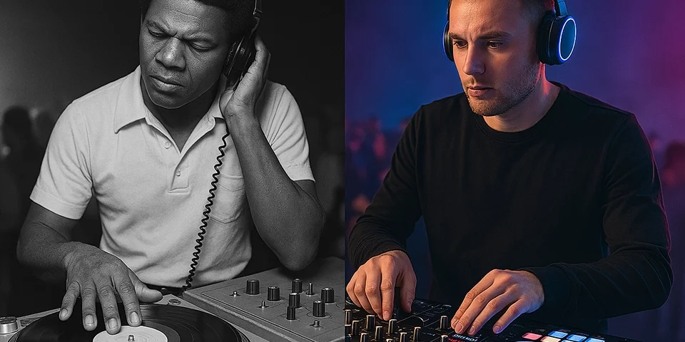 Split-screen comparison of DJs performing live, showing evolution from vintage vinyl setups to modern digital controllers.